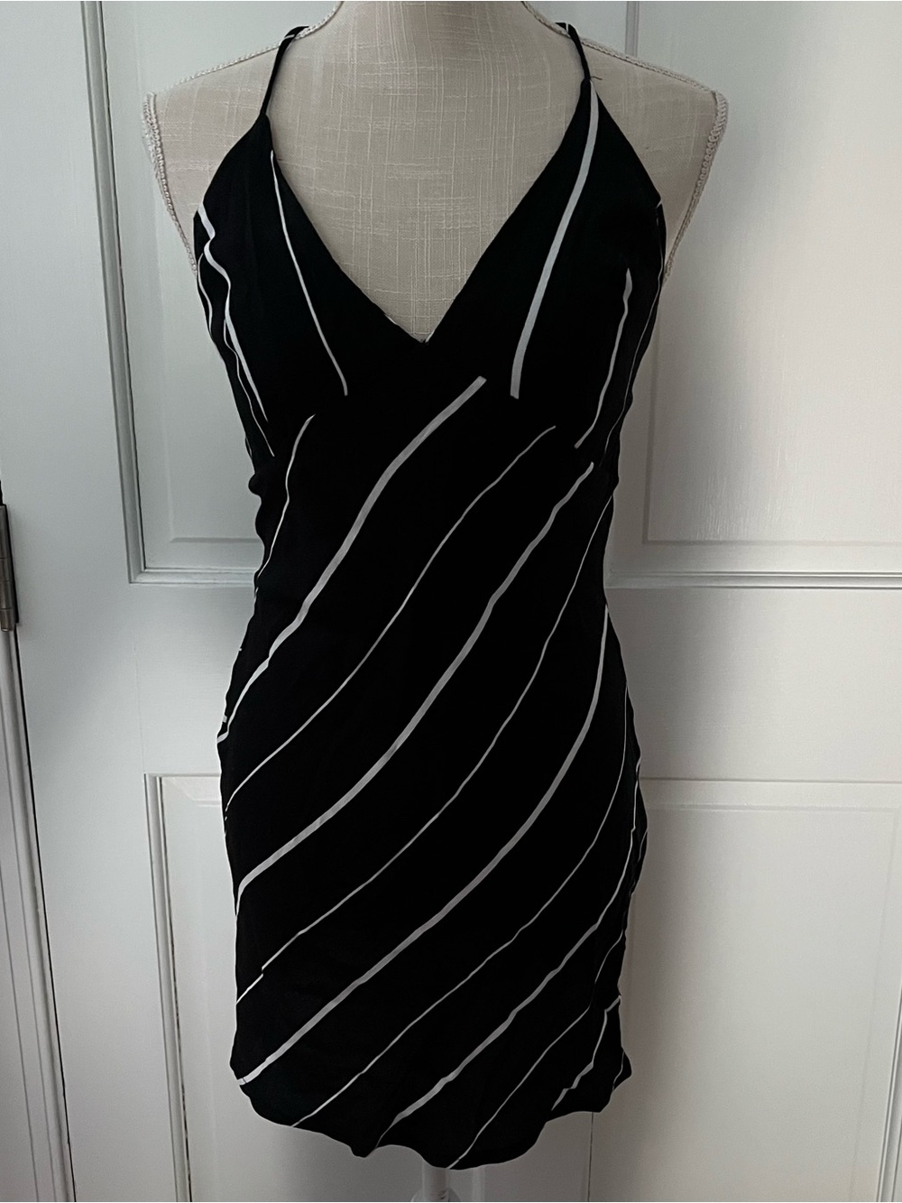 Black and White Striped V-Neck Halter Slip Dress